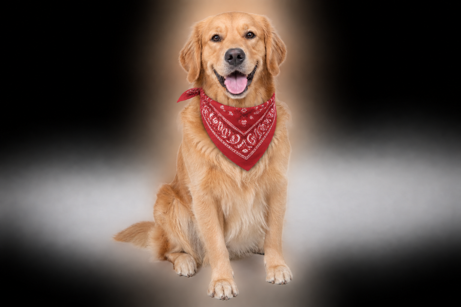 The same golden retriever, now wearing a red patterned bandana, otherwise unchanged.