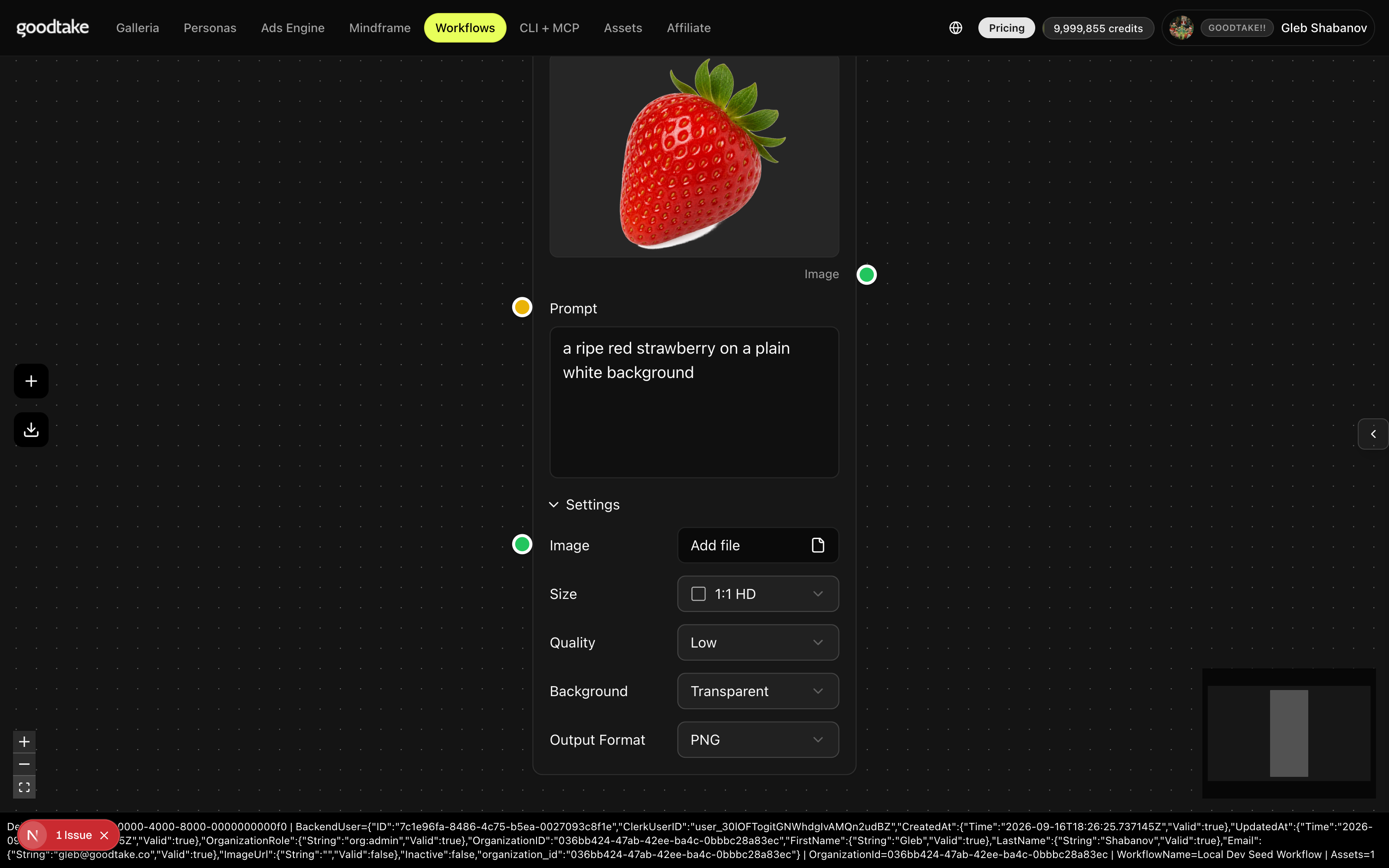 A Generate Image node on the workflow canvas showing a transparent-background strawberry and a Background setting reading Transparent.