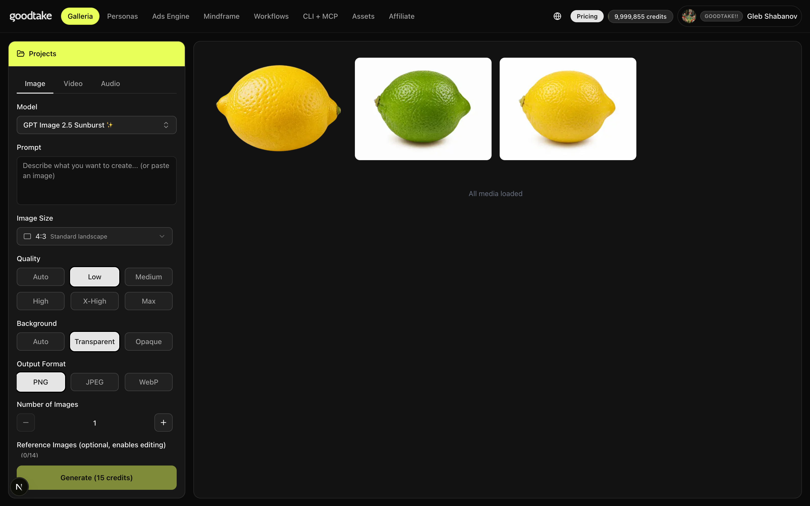 Three generated images in the feed: a lemon with no background, a green lime, and a lemon on white.